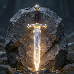 a glowing crystal sword in the stone