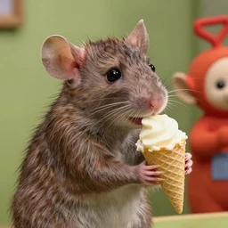 photo, emma watson as antropomorphic furry - rat, teletubbies tinky winky, eats icecream, highly detailed, intricate details
