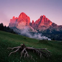 1 9 2 0 s color spirit photography 9 1 1 1 2 1 of alpine red sunrise in the green dolomites, smoke from mountains, roots, by william hope, beautiful, dreamy, grainy