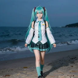 photo of hatsune miku takes a walk on late evening beach, f 2,4