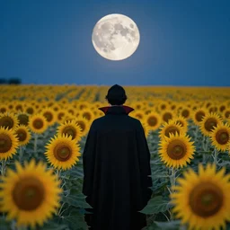 A vampire hunter in a field of sun flowers, with the full moon above.