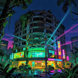 a beautiful detailed illustration of abandoned mall unfinished building by zack snyder, rainforest at night retrowave tokyo neon signs laser at dusk thermal vision elysian thermal imaging uv light, archdaily, wallpaper, highly detailed, trending on artstation.