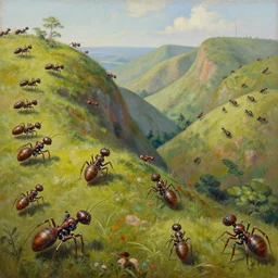 a landscape painting of hills covered in robotic ants, painting, highly detailed