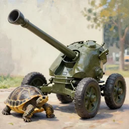 tortoises operating a 2 4 0 mm howitzer m 1, by claude monet