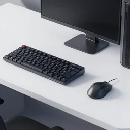 a modern desk with gaming pc and gaming mouse and gaming keyboard, hyper realistic concept art, colorful, retro style, high quality, highly detailed, centered, digital painting