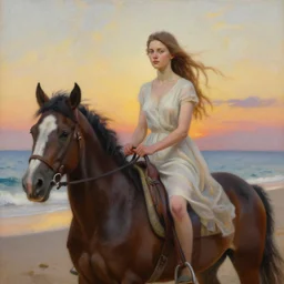 a painting of a young woman, riding a wild horse in the beach, at sunset, high quality oil painting artstyle, feminine, delicate, hyperdetailed, in the style of anna dittmann, deviantart, figurative art, deviantart, ilya kuvshinov, lovecraftian, very detailed face, portrait