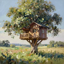 treehouse in the countryside on a sunny day, peaceful, dreamy, brush strokes, oil painting