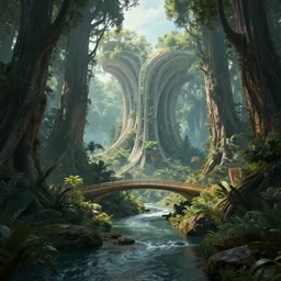 ancient utopian forest landscape in paradise, river, bridge, zaha hadid, photography, cinematic lighting, octane render, artstation