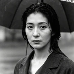 detailed, sharp, Black and white film photograph of lady standing in the rain by Nobuyoshi Araki. , HD, 8K, highly detailed, good lighting, masterpiece.