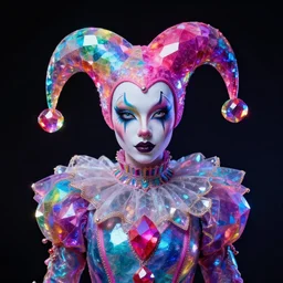 portrait of a hyperdimensional jester, neon rainbow quartz, 4k detailed hyperrealistic digital photo by Beeple, Gustave Dore, Artstation, CGsociety