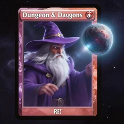 dungeon and dragons card artwork of wizard, white beard, with purple hat with a golden line across his hat whilst in space, on the right side of a distant planet nebula floating behind the planet, lens zoomed in, ethereal motion blur focusing on the wizard, trending on artsation