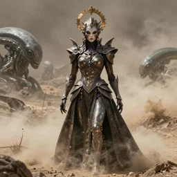 portrait of the queen of the swarm, alien landscape, dust storm, highly detailed, h. r. giger style