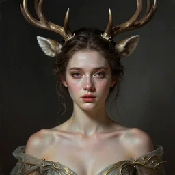 young woman with antlers, sad eyes,  fantasy, intricate, highly-detailed, elegant, dramatic lighting, gorgeous face, sexy gown, lifelike, photorealistic face, digital painting, artstation,  illustration, concept art, smooth, sharp focus, art by Jude Palencar, John Collier and Albert Aublet and Krenz Cushart and Artem Demura and Alphonse Mucha