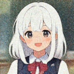 a headshot of a very happy cute girl with shoulder - length white hair wearing school uniform, sharp focus, illustration, morandi color scheme, art station, high detailed, by ilya kuvshinov