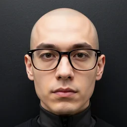 realistic face wearing glasses on a black wall