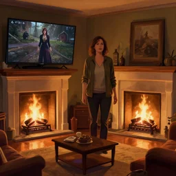 a woman standing in a living room next to a fire, concept art by gregory crewdson, reddit contest winner, video art, movie still, colorized, playstation 5 screenshot
