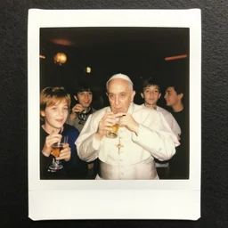 the pope drinking alcohol with kids in a night club, polaroid photo, detailed faces