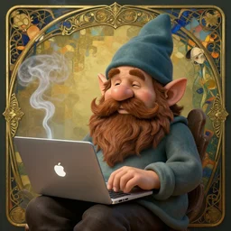 chill gnome - like man, long brown beard, oversized brown mustache, macbook on his lap, wispy smoke, whimsical, art nouveau, photorealistic, octane render, unreal engine, mucha, magritte, artgerm, greg rutkowski, trending on artstation, super detailed, 8 k, control the soul