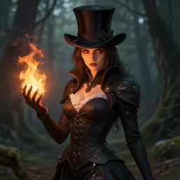 full portrait of a dark fantasy female pyromancer, skintight dress, top hat, finesse, key visual, realistic shaded perfect face, fire, fine details, forest background, smooth, highly detailed, digital illustration, by artgerm, rossdraws, frank franzzeta
