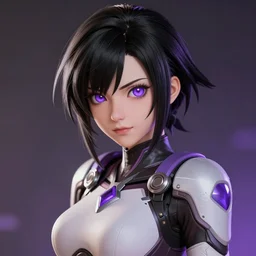 highly detailed, digital art, pixiv fanbox, trending on artstation, ray tracing, volumetric lighting, sharp focus, hq, overwatch style rogue female character, short messy black hair with bangs and purple eyes, arcane, by artgerm, wlop, greg rutkowski, miyazaki hayao
