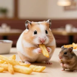 detailed photo of a hamster eating fries, fancy restaurant, various poses, full body, unedited, soft light, dof 8 k
