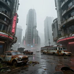 low wide angle shot of dilapidated fallout 5 europa, retro futuristic euro cityscapes, desolate, dilapidated neon signs, few rusted retro futuristic vintage parked vehicles like cars, buses, trucks, trams, volumetric lighting, photorealistic, fog, daytime, spring, rainy weather, sharp focus, ultra detailed, 4 0 0 0 k