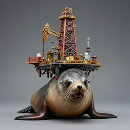 portrait of a toxic oil rig mounted on the head of a anguished south american fur seal, by hikari shimoda, john chamberlain, artgerm, ambient lighting, highly detailed, diorama model, zoom out, sharp focus