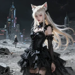 beautiful concept art of lunar cyberpunk city showing a beautiful girl with long platinum blonde hair, two - side up and cat ears standing in a black gothic frilly dress in the distant, ayami kojima, digital painting,!! super detailed!!, spectacular w - 7 6 8