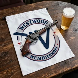 banner of a gun and a beer on a table, top view, logo, westwood style