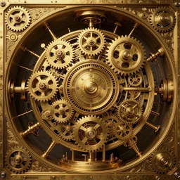dynamic composition, intricate golden clockwork machine with cogs!!!!!!, steam punk, gear track on top border, steampunk, art deco!, ornate gilded cosmic machine, in the style of simon lee and jama jurabaev, engraved, artgerm, wlop, featured on cgsociety, unreal engine, 8 k render, octane, raytracing, photorealistic
