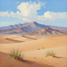 this painting is simply stunning. it is a beautiful landscape painting of a desert scene, with mountains in the background and a bright sky. the detail is amazing. it is a truly beautiful painting.