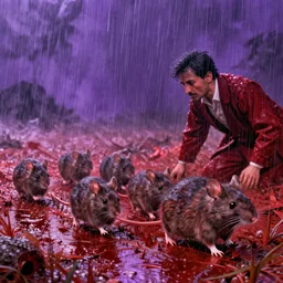 a family of rats scurrying across a drenched field in a torrential rainstorm, in the style of jacek yerks, intricate and epic composition, red by caravaggio, insanely quality, highly detailed, masterpiece, purple light, artstation, 4 k