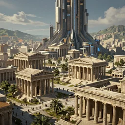 a highly detailed matte painting of a mix between an ancient greek city and a futuristic cyberpunk dystopia, octane render, extremely detailed, trending on artstation