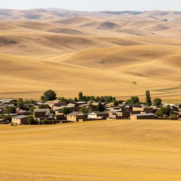 an ancient farming village located in a vast landscape of golden windswept hills