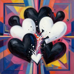 a collision of exploding black hearts and white hearts in surreal abstract form, vivid vibrant geometric art deco. trending on pixiv and artstation. an absurdly detailed oil painting