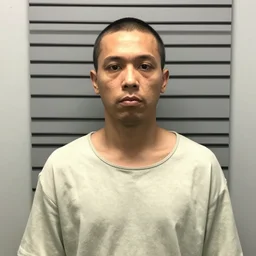 inmate body with chicken face, mugshot in a police station
