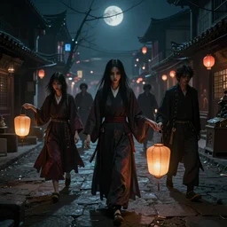 中 国 鬼 节, in the ghost city, evil spirits roam with lanterns, zdzislaw, ayami kojima, yamamoto, barclay shaw, karol bak, hyperrealist, 8 k