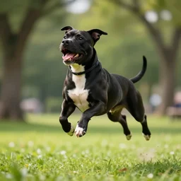 Small black pitbull mix with white belly jumping happily through the air at the park, daylight, vibrant, atmospheric, detailed, unreal engine, octane render, dramatic, award winning, intricate details, 8K