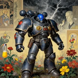 composition gothic of and futuristic, warhammer, cyber armor, scars, thunderstorm, blue head, red, yellow, juice, many mechflowers, the middle ages, highly detailed, artstation, in the style of moebius, jugendstil and classic japanese print, art by rene magritte, jean delville