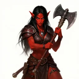 portrait of a female hobgoblin barbarian with vibrant red skin wielding great axe in her hands, black hair, wearing leather armored vest, ready for battle, dungeon's & dragons, fantasy portrait, digital illustration, deviantart artstation, by jesper ejsing