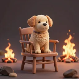calm dogsitting on chair surronded by burning fire, realistic, 3d, digital art, octane render, detailed, dramatic light, cinematic
