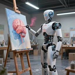 a high resolution photo of a!! robot painting a picture of a human brain!!, standing in an! artist's studio!, hyper detailed, photography, realistic, art, 8 k, unreal 5 engine, cinematic lighting, shallow focus, wide angle