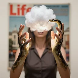 realistic photo of a a blurred pose of a human with very long hands made of snakes, and the head made of fluffy cotton ball, emitting aura 1 9 6 0, life magazine photo, natural colors, metropolitan museum, kodak, 8 k, very detailed, high resolution, product photo,