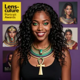 a vibrant professional studio portrait photography of a black, young, goth, friendly, casual, delightful, gorgeous female, piercing green eyes, wears a egyptian ankh necklace, intricate, curated collection, annie leibovitz, nikon, breathtaking, groundbreaking, superb, outstanding, lensculture portrait awards, photoshopped, dramatic lighting, 8 k