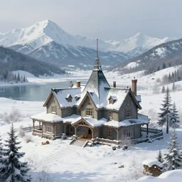“Sci-fi Concept art of a mansion in the snow. Canadian countryside. Mountains. Lake. Hills. Matte painting, realistic, high detail, 4k”