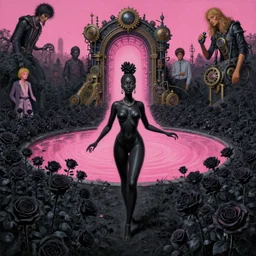 wide angle dynamic portrait of an african goddess in a black rose garden with a pink pond and a steampunk portal, by mark ryden and todd schorr and mark davis in a surreal lowbrow style, digital paint, matte paint, vivid synthwave colors, breathtaking landsape