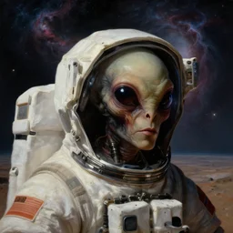 surreal closeup portrait of alien astronaut in wastelands on exoplanet by bruce pennington, nebula, lucid dream - like heavy atmosphere, baroque painting, harsh flash photo, perfect composition, detailed octane render trending on artstation, 8 k artistic photography, volumetric cinematic perfect light, chiaroscuro, masterpiece, raphael, caravaggio, beksinski, rutkowski, beeple