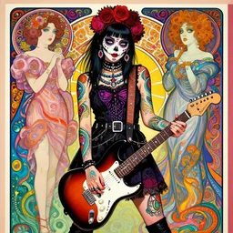 cute punk goth fashion fractal Día de los Muertos tattooed girl posing with an electric guitar by Zhang Jingna, psychedelic poster art of by Victor Moscoso Rick Griffin Alphonse Mucha Gustav Klimt Ayami Kojima Amano Charlie Bowater, masterpiece