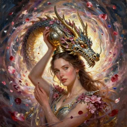 kate beckinsale taking off trophy head from the dragon, floral explosion, radiant light, vortex of plum petals, oil painting, Tooth Wu, Greg Rutkowski, RPG portrait, dynamic lighting, fantasy art, High contrast, depth of field