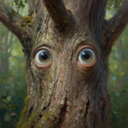 a talking tree, a face in the bark, big eyes, fantasy concept art, oil painting, hyperrealistic, highly detailed, artstation, cgsociety